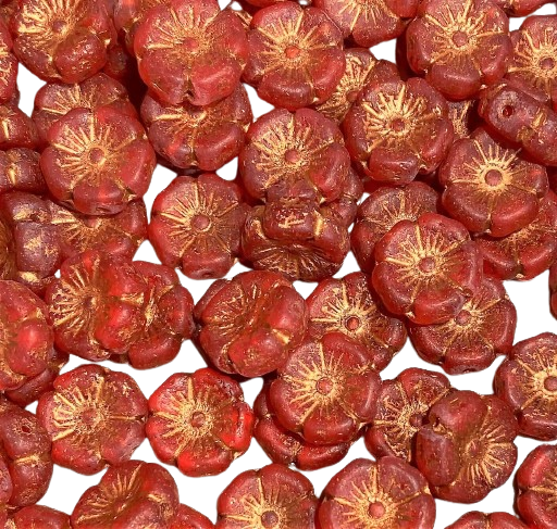 12mm Ruby Red with Copper Hibiscus Czech Flowers