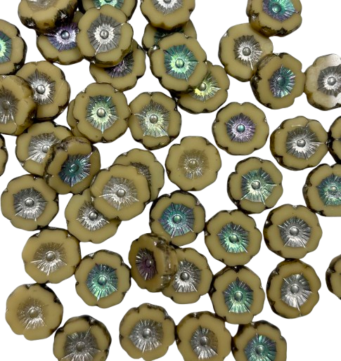 12mm Beige With Iridized Center Czech Hibiscus