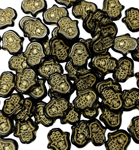 5 Black Hamsa Czech Glass Cabochons