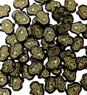 5 Black Hamsa Czech Glass Cabochons