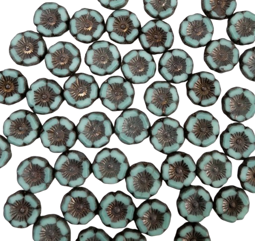 12mm Blue Green Glass Hibiscus Flowers