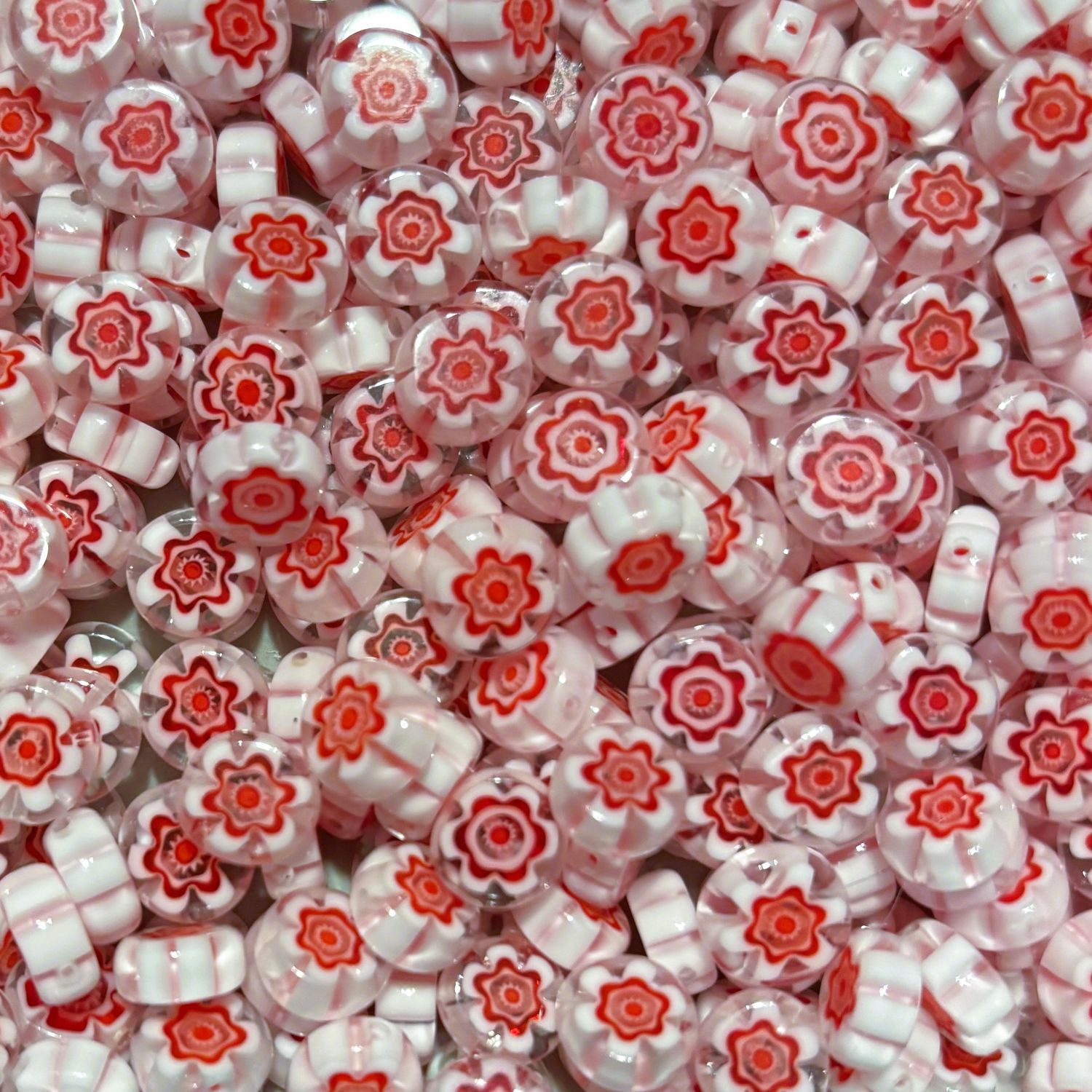 25 Red &amp; White Flowers Millefiori Glass Beads 8mm