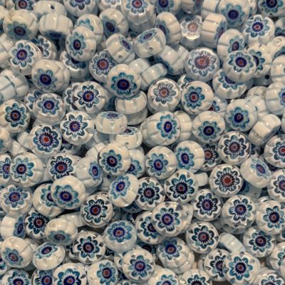 25 Blue, White &amp; Red  Flowers Millefiori Glass Beads 8mm