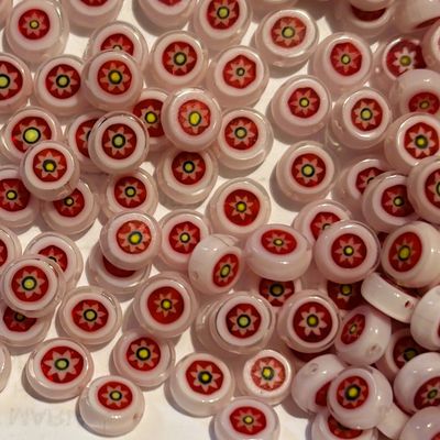 25 Red, White &amp; Yellow Flowers Millefiori Glass Beads 8mm