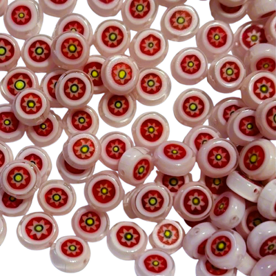 25 Red, White &amp; Yellow Flowers Millefiori Glass Beads 8mm