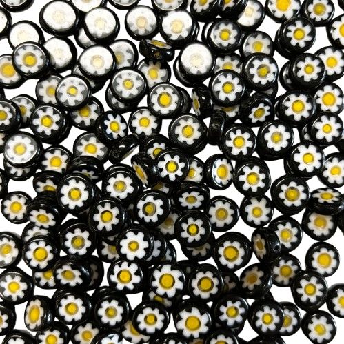 15 Daisy on Black Millefiori Glass Beads 10mm