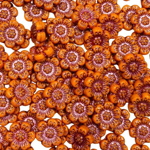 14mm Orange Czech Flowers with Pink