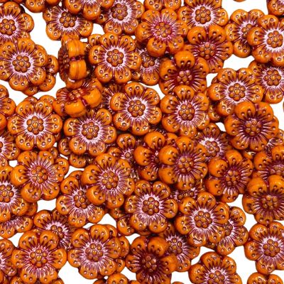 14mm Orange Czech Flowers with Pink