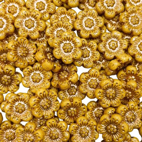 14mm Marigold Yellow Czech Flowers with Copper