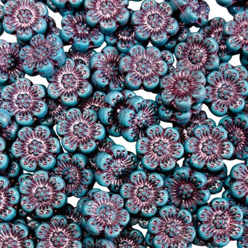 14mm Turquoise Blue Czech Flowers with Pink