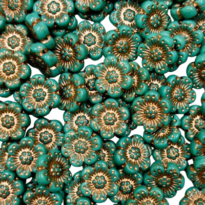 14mm Turquoise Green Czech Flowers with Copper