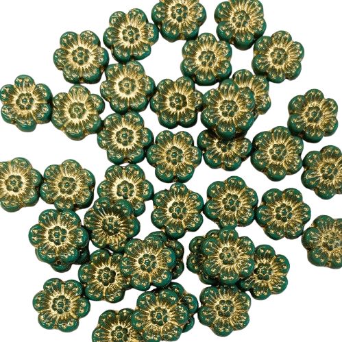 14mm Turquoise Czech Flowers with Gold