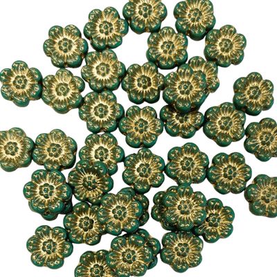 14mm Turquoise Czech Flowers with Gold