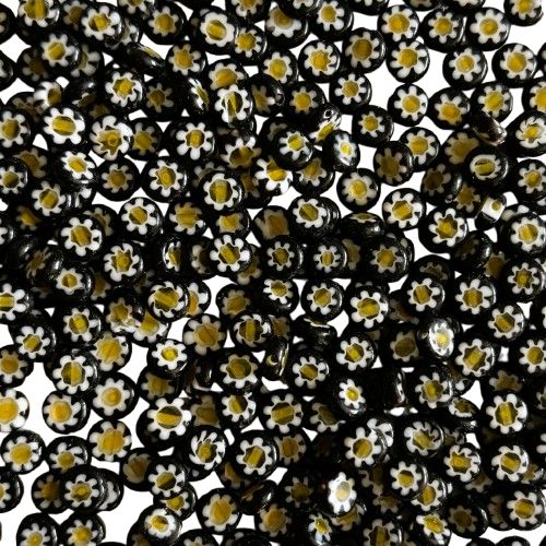 25 Tiny Daisy on Black Millefiori Glass Beads 6mm