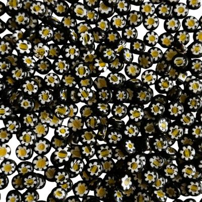 25 Tiny Daisy on Black Millefiori Glass Beads 6mm