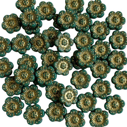 14mm Turquoise Czech Flowers with Gold