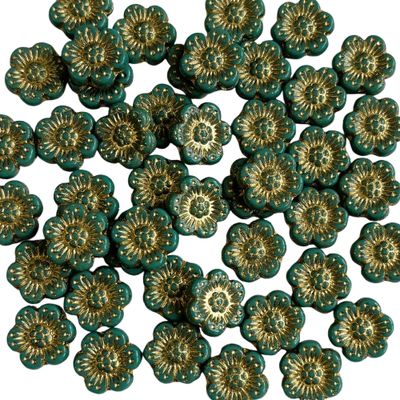 14mm Turquoise Czech Flowers with Gold 14mm Turquoise Czech Flowers with Gold