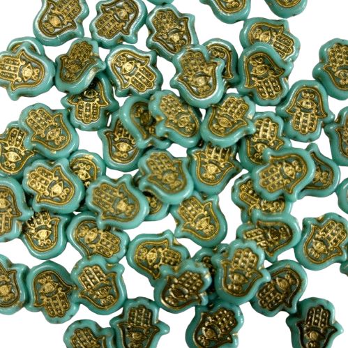 4 Teal Hamsa Cabochons with Gold Highlights