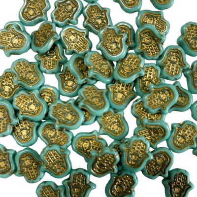 4 Teal Hamsa Cabochons with Gold Highlights