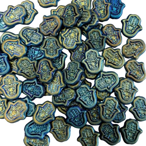 4 Iridescent Teal Hamsa Czech Glass Cabochons