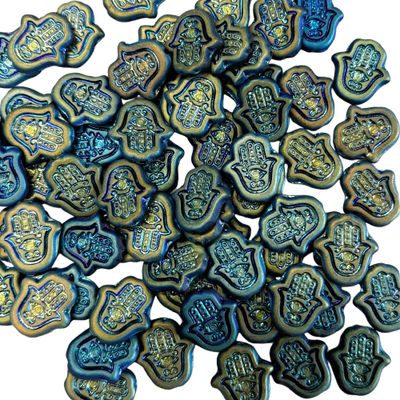 4 Iridescent Teal Hamsa Czech Glass Cabochons