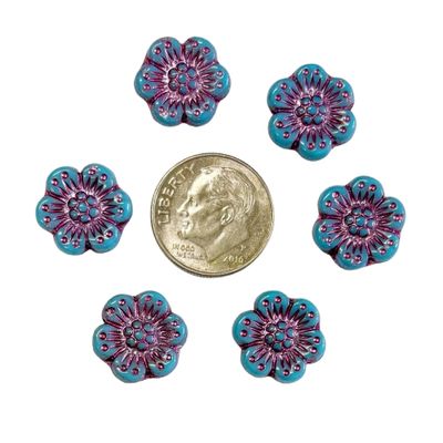 14mm Turquoise Blue Czech Flowers with Pink