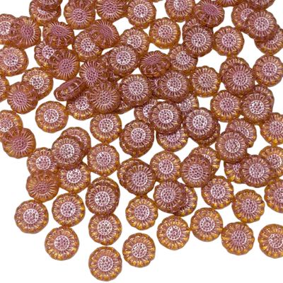 Pink Yellow Czech Glass Sunflowers 13mm