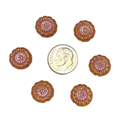 Pink Yellow Czech Glass Sunflowers 13mm with dime for reference
