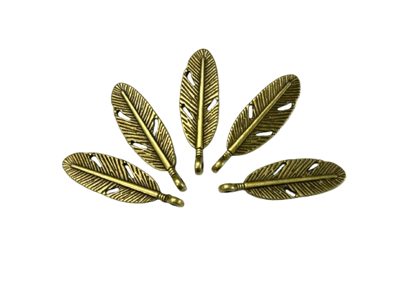 bronze metal feather charm close up