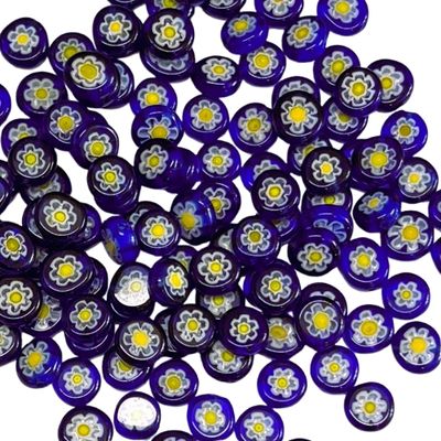 25 Daisies on Blue Millefiori Glass Beads 8mm
