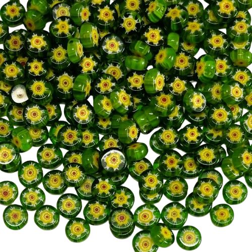 25 Yellow Flowers on Emerald Millefiori Glass Beads 8mm