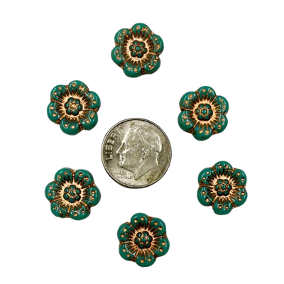 14mm Turquoise Czech Flowers with Copper