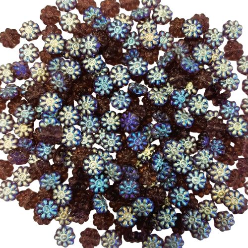 9mm Iridized Purple Czech Glass Flowers