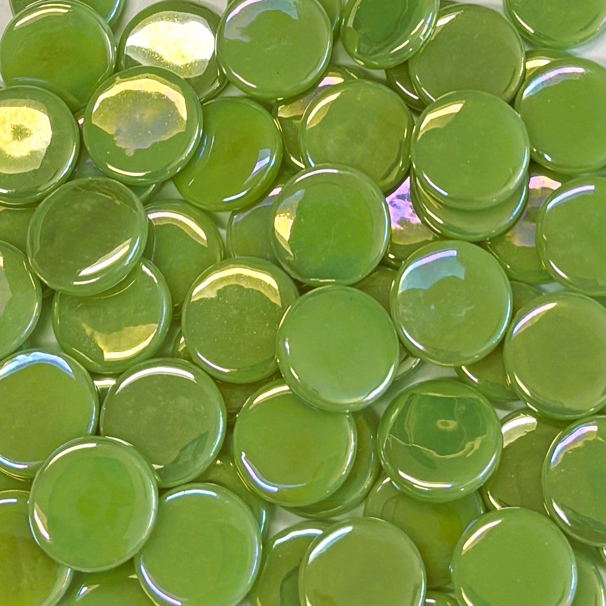 18mm Iridized Green Glass Penny Rounds