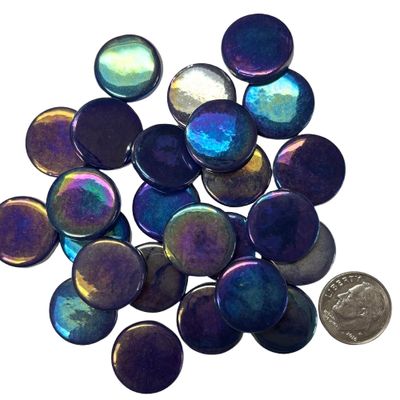 iridized royal blue recycled glass penny round mosaic tile 18mm with dime for size reference