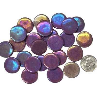 iridized grape recycled glass penny round mosaic tile 18mm with dime for size reference