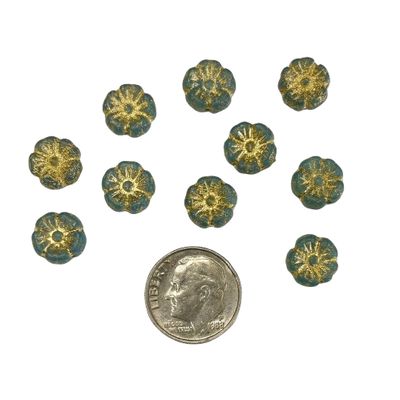 10 Teal with Gold Czech Glass Hibiscus 9mmFlowers
