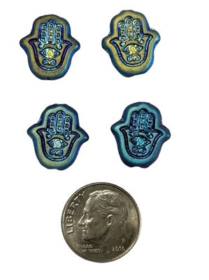4 Iridescent Teal Hamsa Czech Glass Cabochons