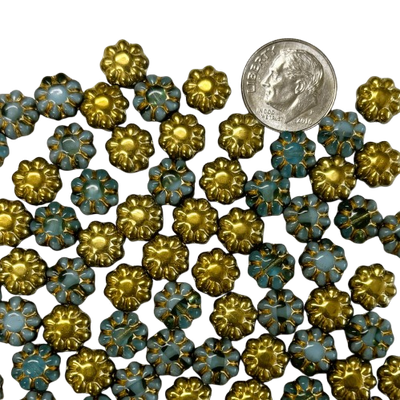 9mm Gold &amp; Light Blue Czech Cactus Flowers
