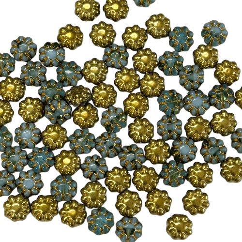 9mm Gold &amp; Light Blue Czech Cactus Flowers