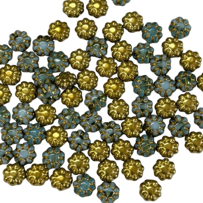 9mm Gold &amp; Light Blue Czech Cactus Flowers