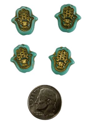 4 Teal Hamsa Cabochons with Gold Highlights