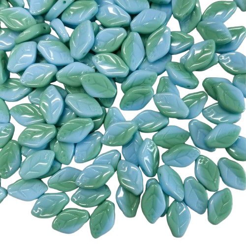 20 Turquoise with Green Czech Glass Leaves