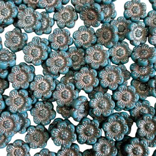 14mm Turquoise Blue Czech Flowers with Silver