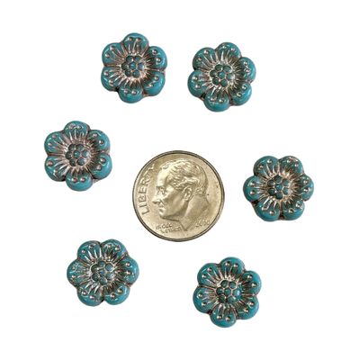 14mm Turquoise Blue Czech Flowers with Silver