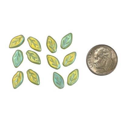 12 Iridescent Olive Green Czech Mini Leaves