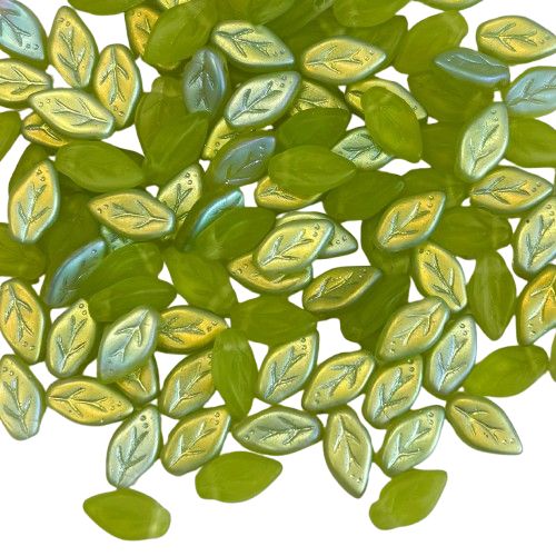 12 Iridescent Olive Green Czech Mini Leaves