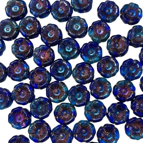 Sapphire Hibiscus Glass Flowers 12mm - Iridescent Highlights