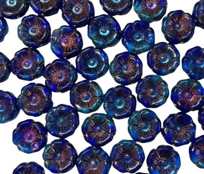 Sapphire Hibiscus Glass Flowers 12mm - Iridescent Highlights