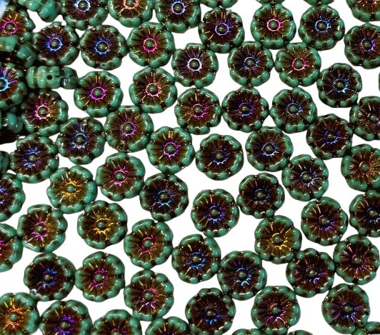8 Teal with Iridized Center Czech 9mm Hibiscus Flowers